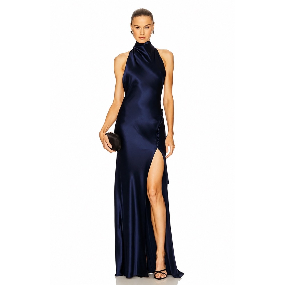 SAU LEE Women's Penelope Backless Satin Halter Gown Navy Size 14 Wedding Guest